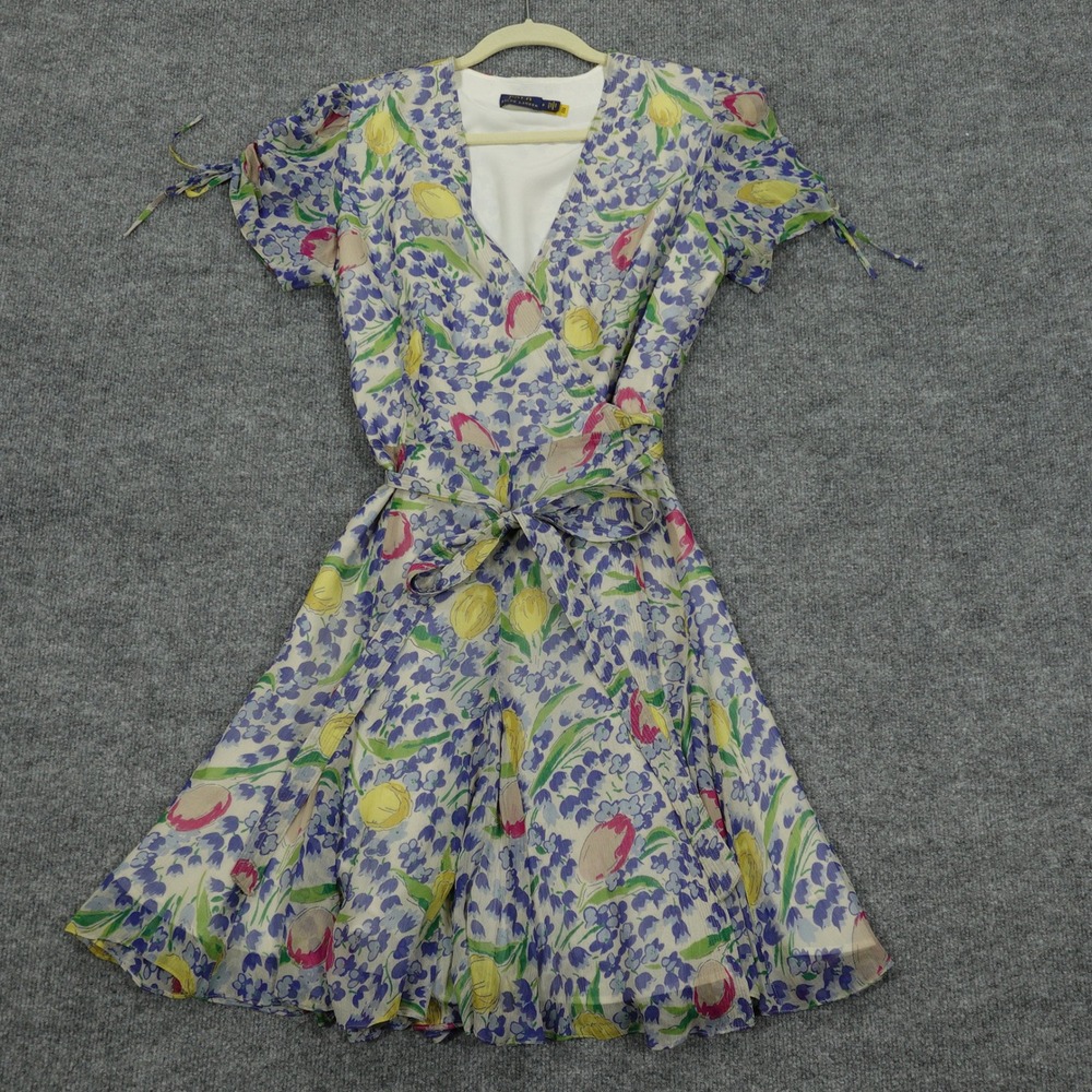 Polo Ralph Lauren Dress Women 8 Multicolor Floral Tulip Wrap V-Neck Short Sleeve
